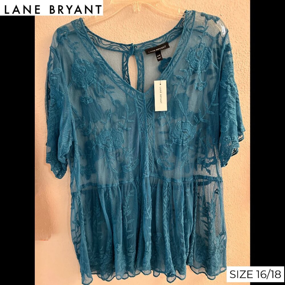 Lane Bryant Embroidered Sheer Peplum Top – Teal – Size 14/16 – NWT